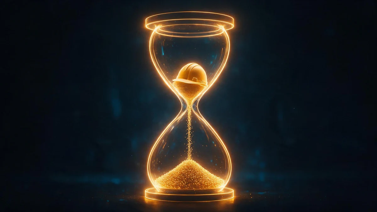 Mitarbeiter finden im Handwerk: Schutzhelm und Sanduhr als Symbol für lange Stellenbesetzung