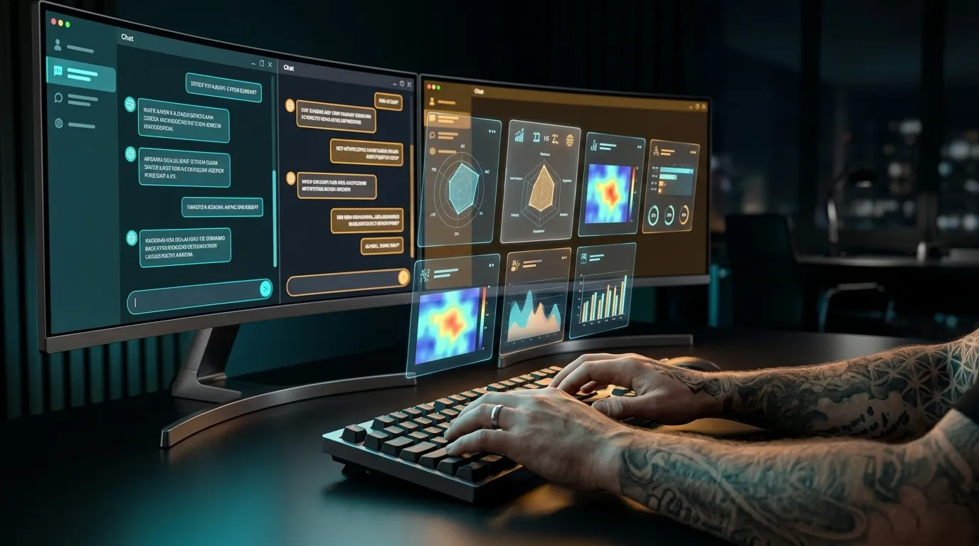 Perplexity AI und ChatGPT Vergleich für Selbstständige auf futuristischem Dashboard
