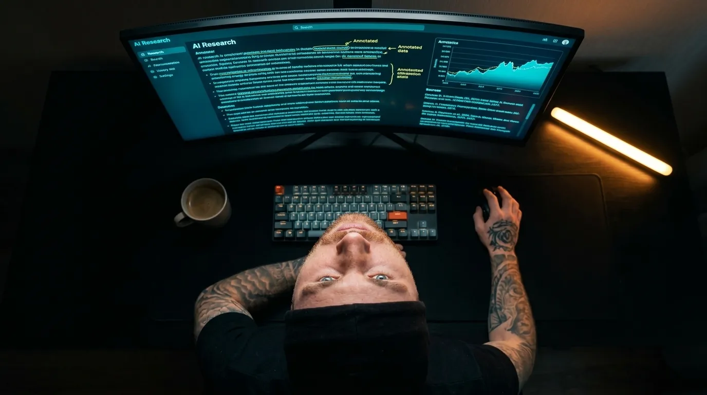 Perplexity AI optimal nutzen, Solopreneur am KI-Arbeitsplatz mit Suchergebnissen und Quellen