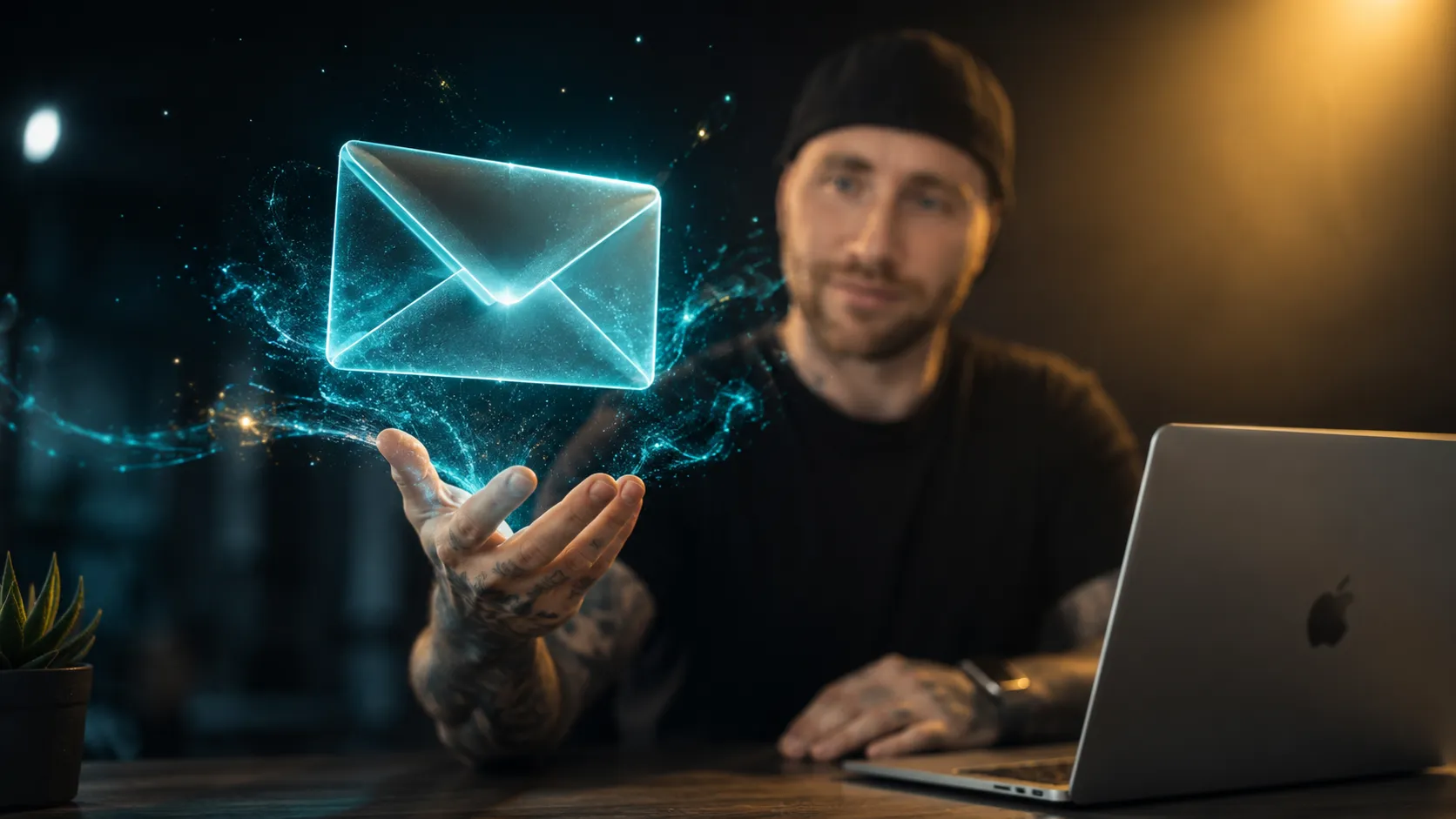 Laptop mit E-Mail-Interface auf dunklem Schreibtisch, ChatGPT E-Mail-Vorlagen für Handwerker