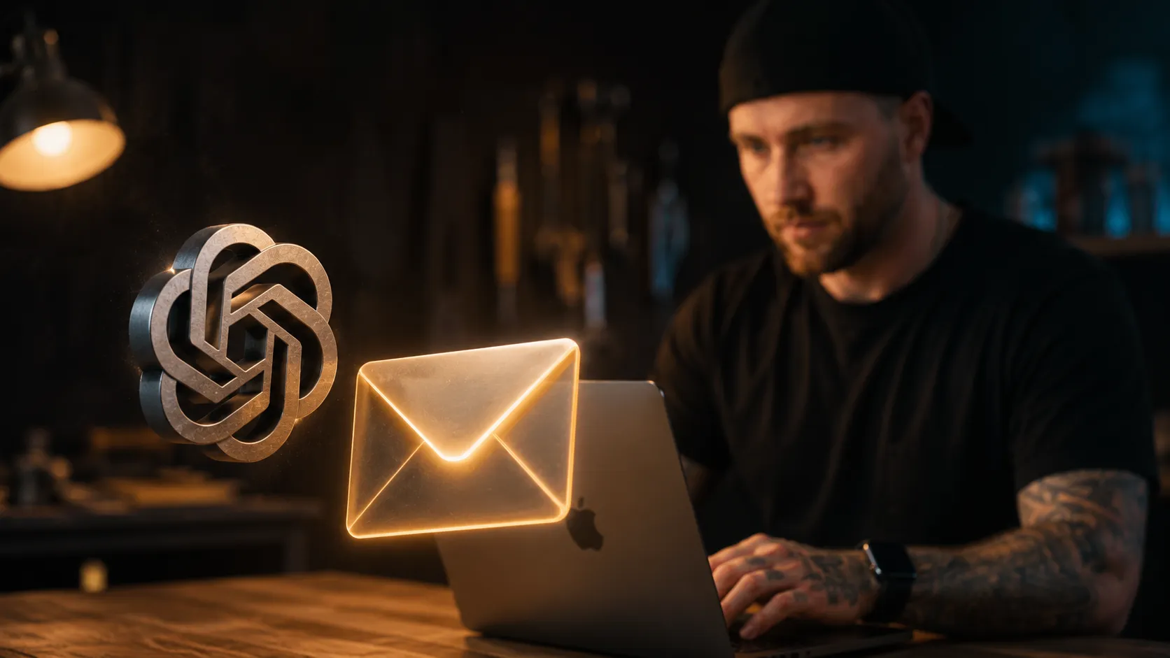Handwerker tippt professionelle E-Mail am Laptop, KI-generierte E-Mails im Betrieb