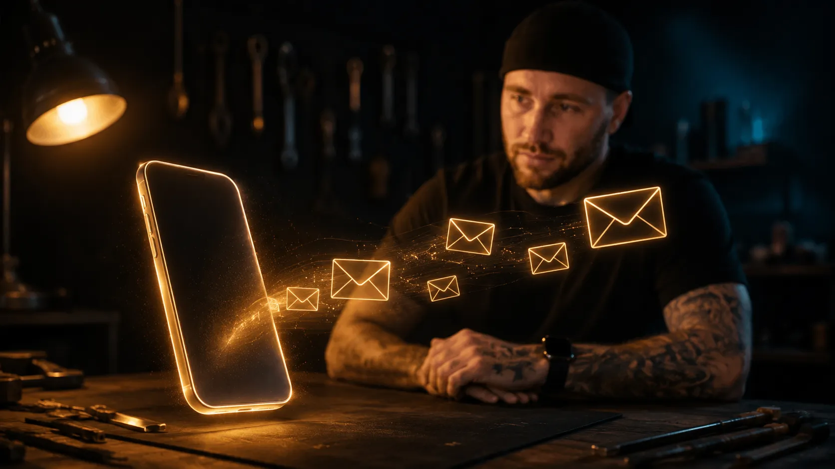 Smartphone mit E-Mail-Posteingang auf dunklem Hintergrund, professionelle E-Mails für Handwerker