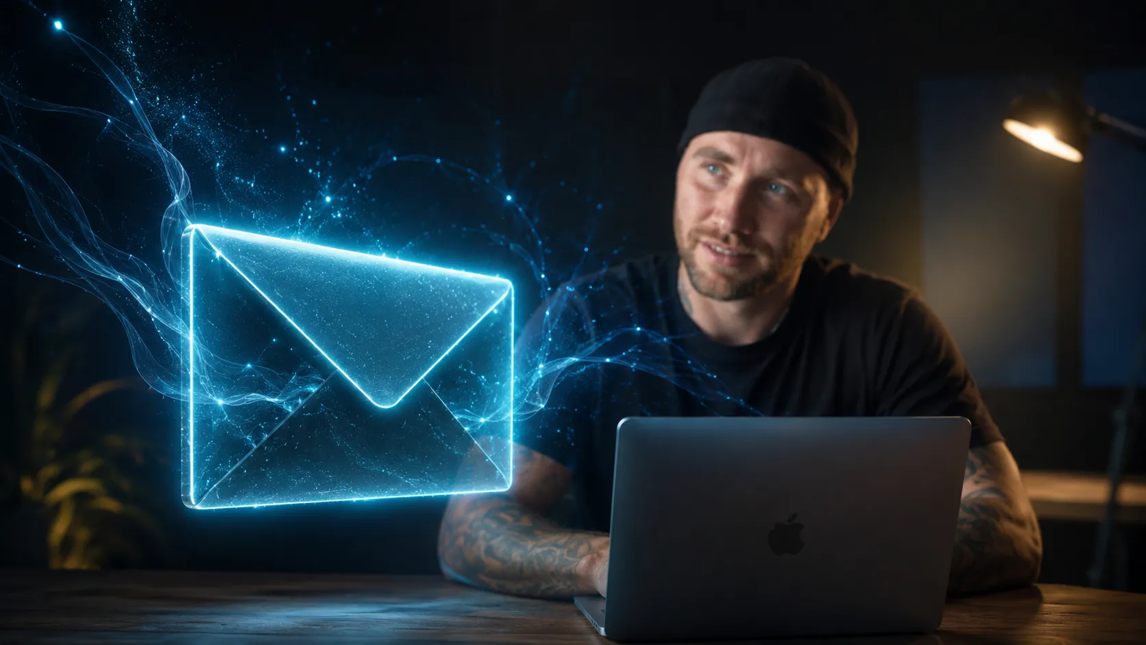 Holografische E-Mail-Kommunikation mit KI-Assistent, cyan und gold auf dunklem Hintergrund