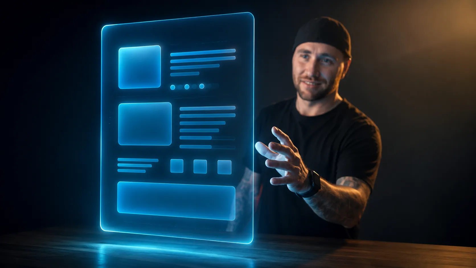 Digitale Angebotsvorlage als holografische Projektion mit cyan leuchtenden Datenpunkten