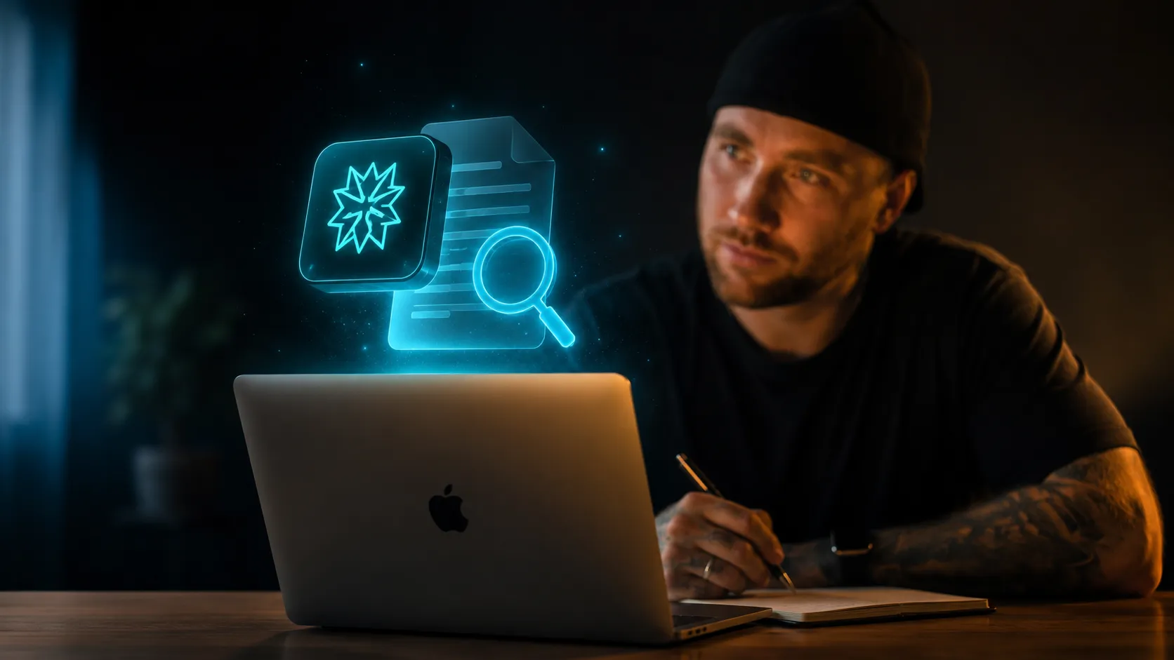 Perplexity AI für Selbstständige – Praktische Nutzung im Alltag Selbstständiger nutzt Perplexity AI auf Deutsch für Business-Recherche am Laptop