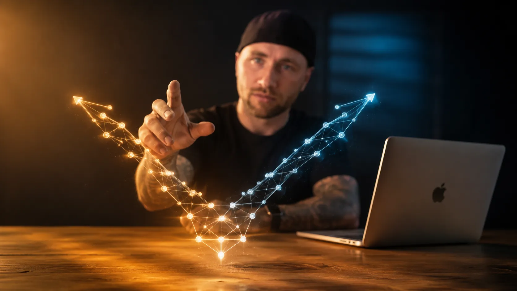 Tischlerwerkstatt mit Laptop, KI-gestützte Kalkulation von Handwerkerpreisen im dunklen Werkstattatmosphäre