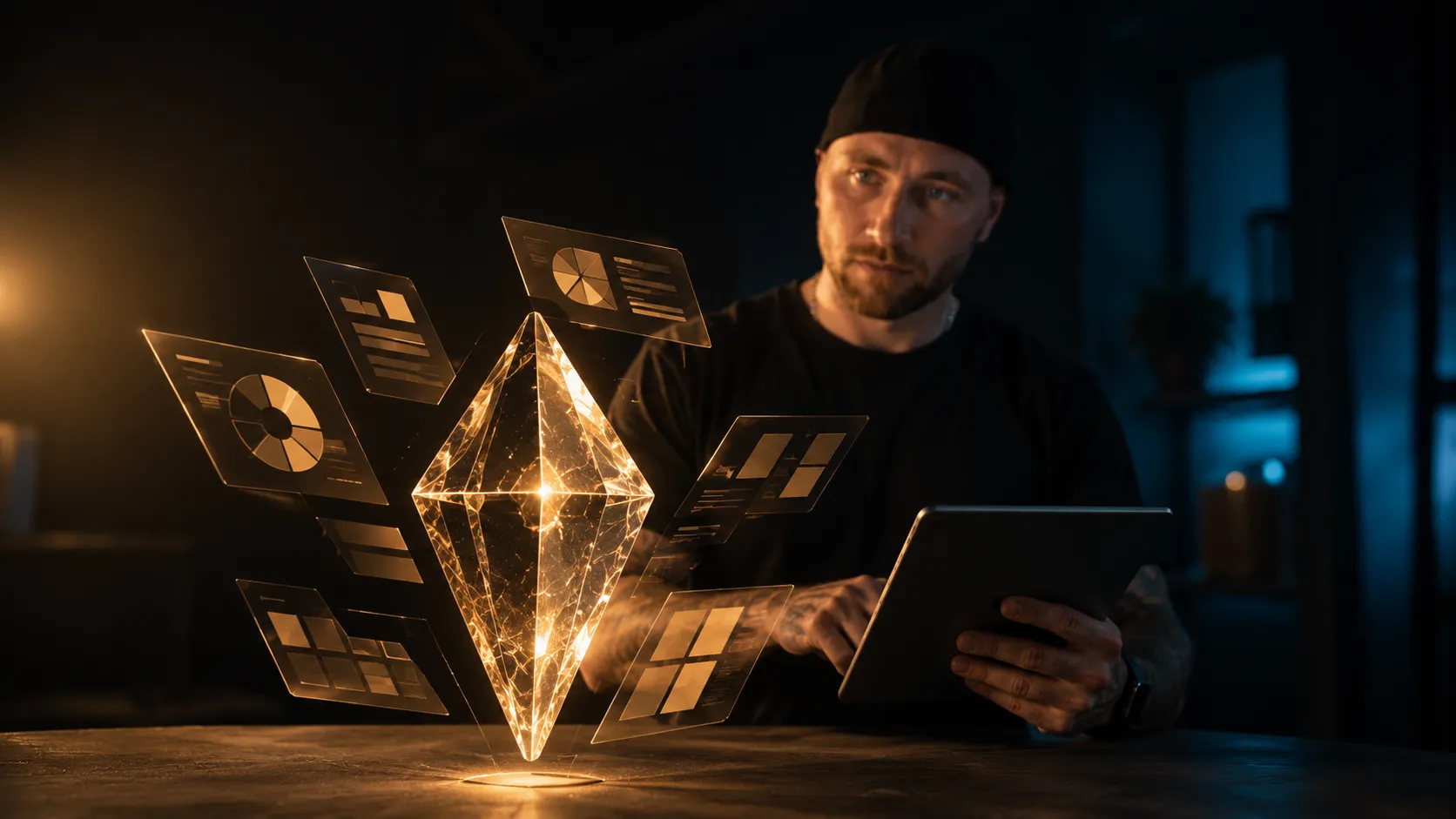 Handwerker analysiert Kalkulationsdaten auf Tablet, digitale Preisfindung im professionellen Umfeld