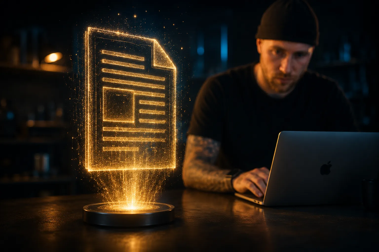 Rechnungen schreiben mit KI, so geht es schneller Selbstständiger schreibt Rechnungen mit KI-Unterstützung am Laptop