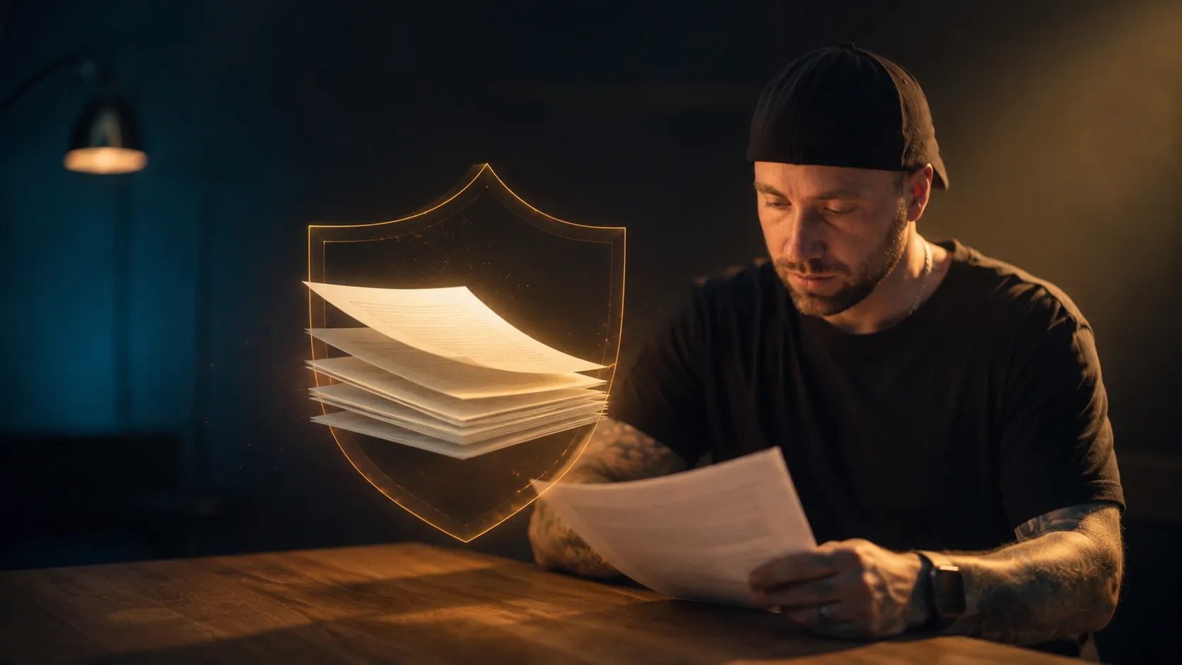 KI-Buchhaltung für Selbstständige, Grenzen verstehen Freelancer analysiert KI-generierte Rechnungsvorlagen am dunklen Schreibtisch