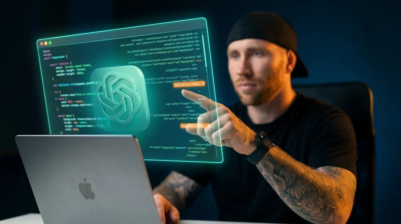 Quellcode-Analyse einer Website in ChatGPT mit markierten SEO-Fehlern
