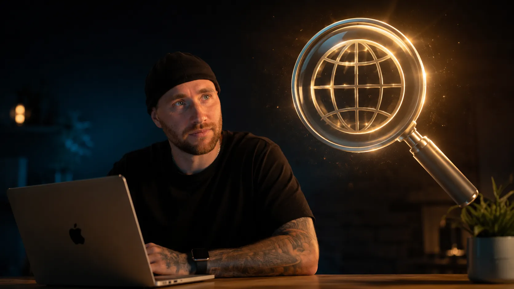WordPress SEO Einrichtung am Arbeitsplatz Dunkler Arbeitsplatz mit aufgeleuchtetem Monitor, der WordPress-Dashboard zeigt, cinematic Stil in Cyan und Amber