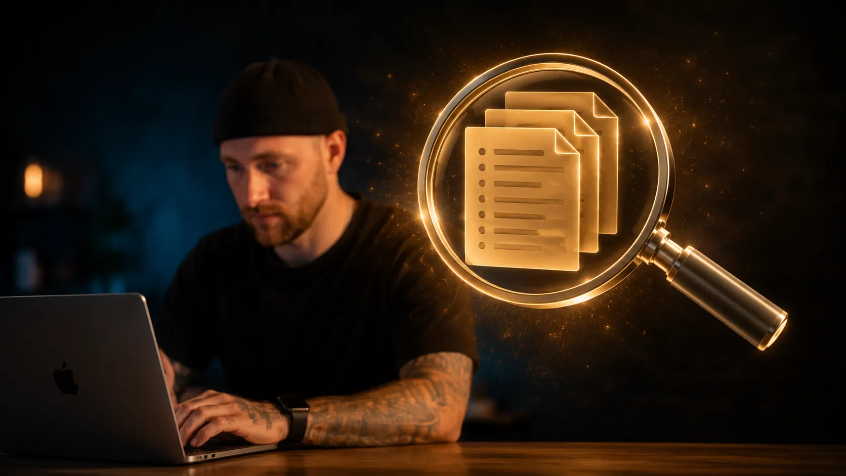 Keyword-Recherche für WordPress SEO Nahaufnahme eines Laptops mit Keyword-Analyse-Tabelle bei Nacht, cyan-goldene Beleuchtung