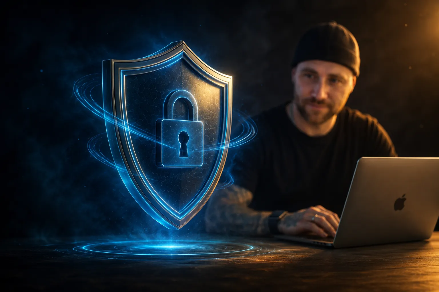 WordPress sicher machen – Schutzmaßnahmen im Überblick Digitales Schutzschild symbolisiert WordPress-Sicherheit auf dunklem Hintergrund mit cyan Akzenten
