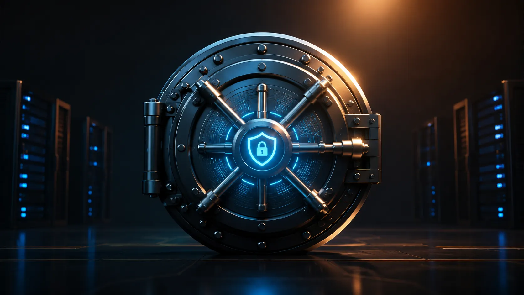 Datei-Berechtigungen und wp-admin – WordPress Sicherheit vertiefen Server-Rack mit cyan Netzwerk-Leitungen symbolisiert sichere WordPress-Serverstruktur