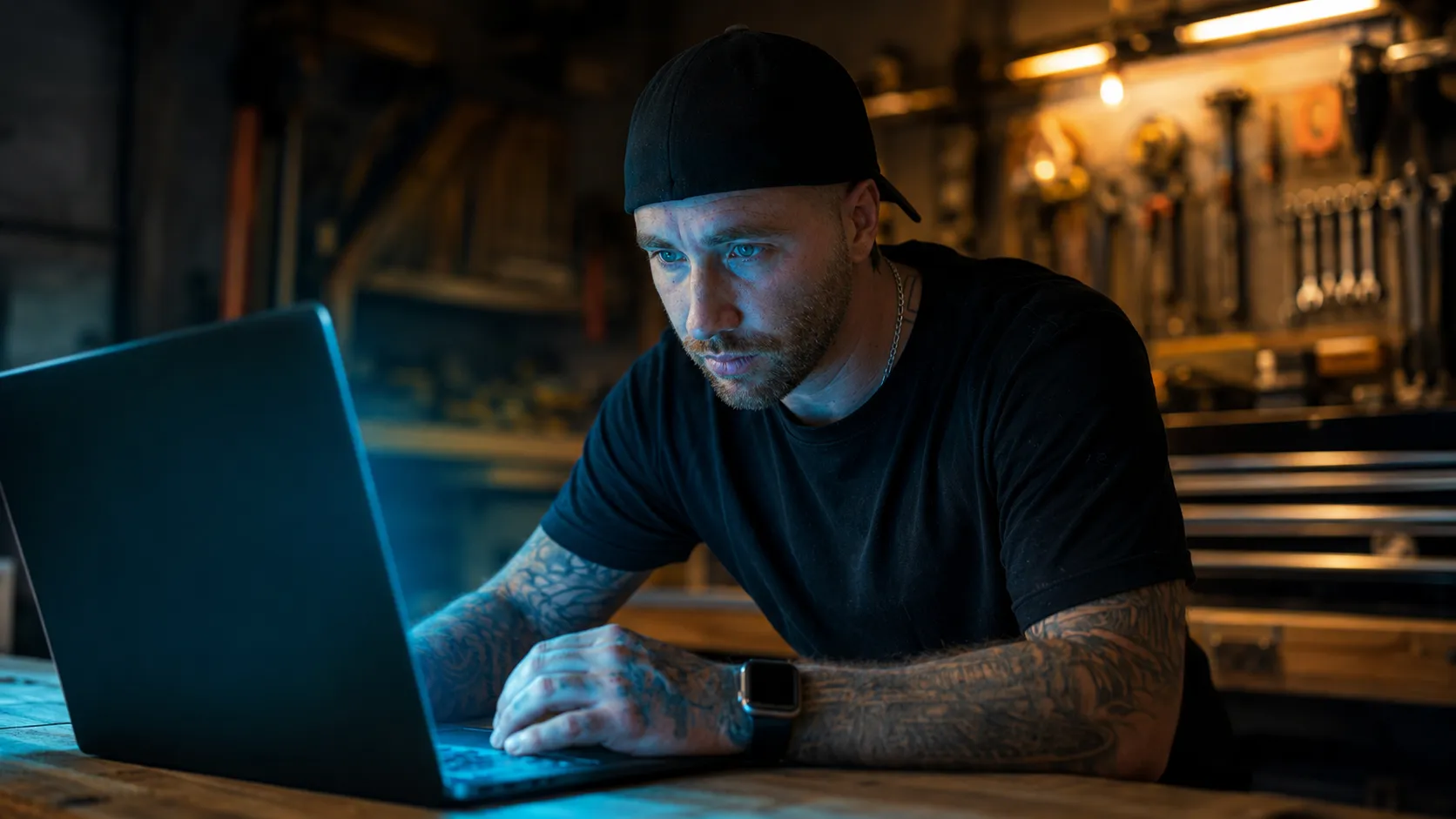 WordPress Sicherheitslücke prüfen und Update einspielen Handwerker prüft die WordPress Sicherheitslücke am Laptop in der Werkstatt