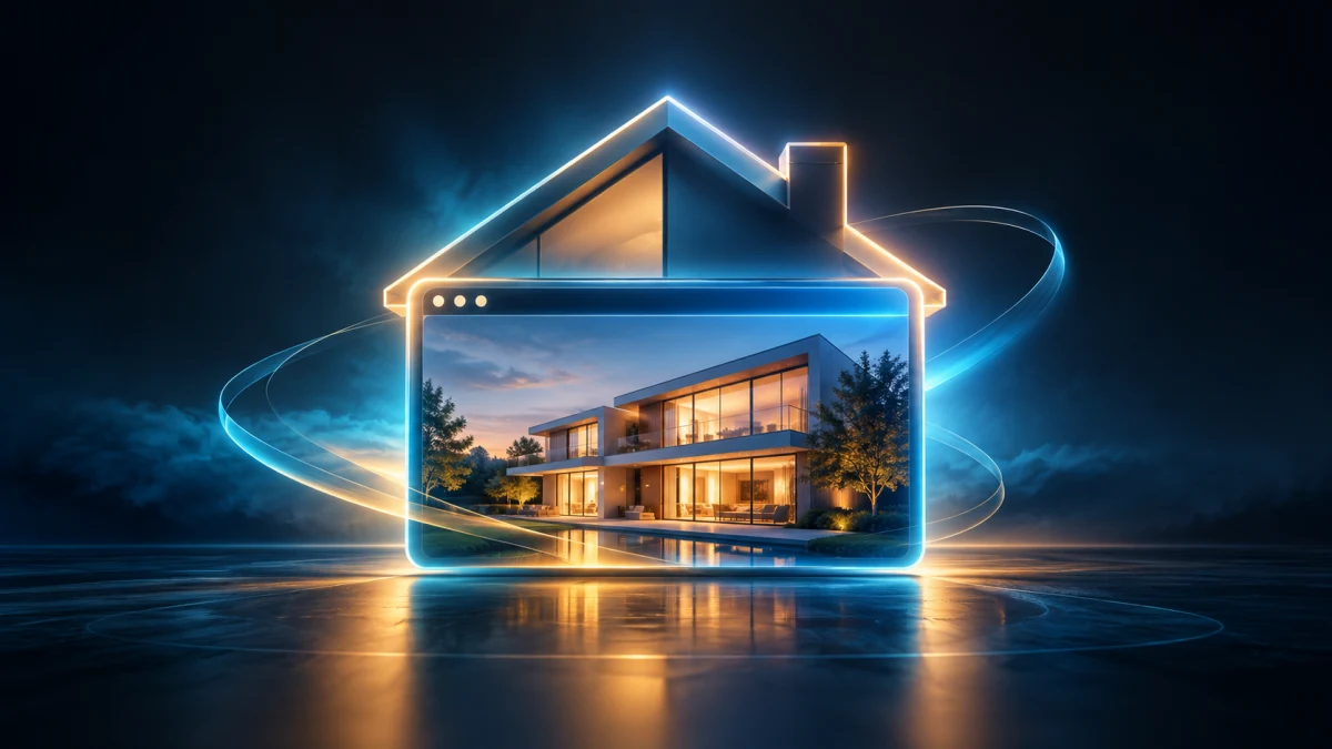 Webseite für Immobilienmakler mit Haus-Symbol und Browserfenster, Symbolbild für Online-Präsenz
