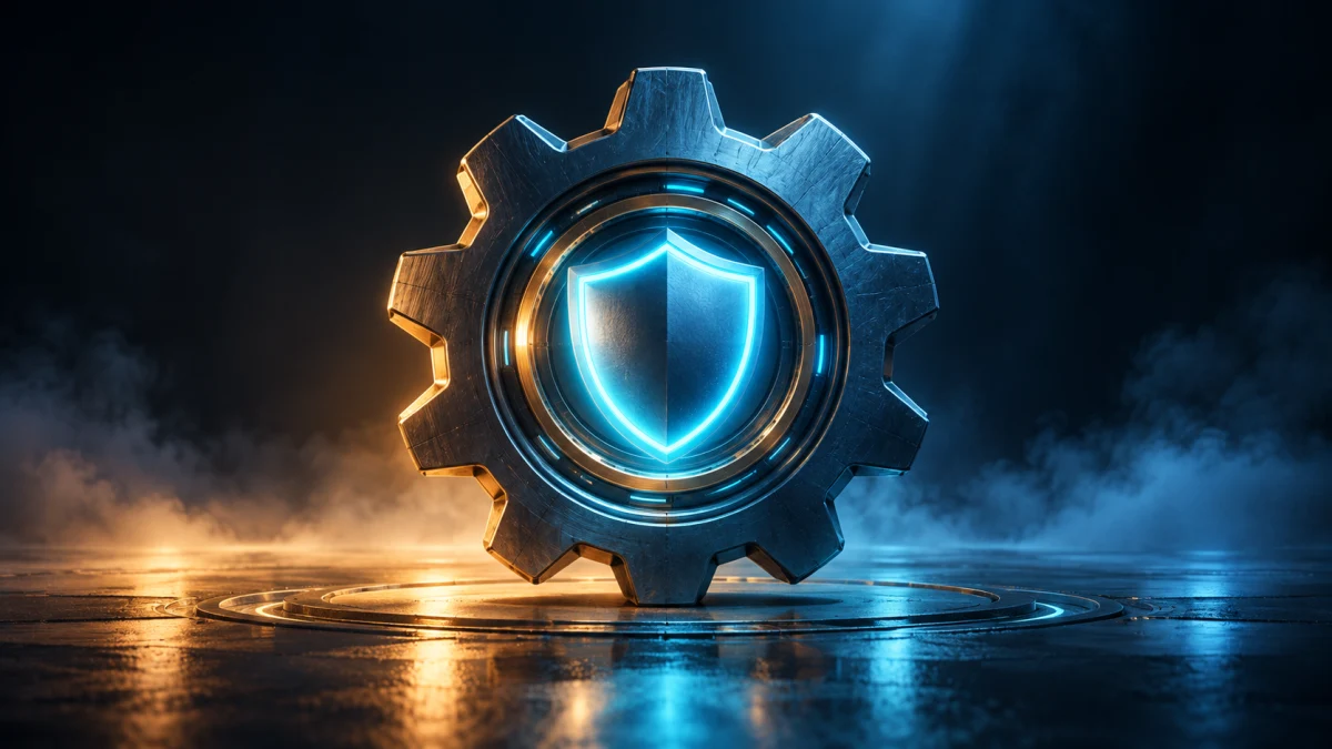 WordPress Wartung: Zahnrad mit Schutzschild als Symbol für eine gepflegte, sichere Webseite